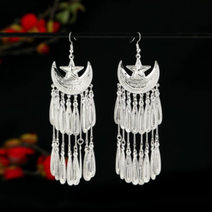 #2525 Retro fashion senior sense of Chinese minority wind five-pointed star crescent fringe earrings for women exaggerated long earrings