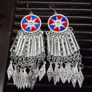 Retro fashion advanced sense of Chinese minority wind octagonal star Miao silver earrings for women round exaggerated fringe long earrings
