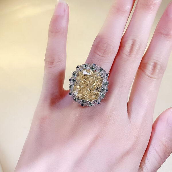 The new S925 sterling silver high carbon diamond Raydean ice cut 14*16mm yellow diamond ring - Image 5