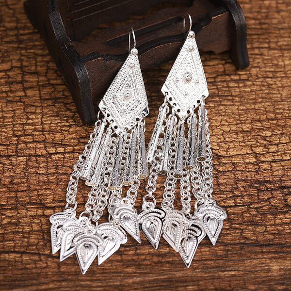 #1717 Retro fashion advanced sense of Chinese minority style Miao silver earrings for women geometric shape exaggerated fringe long earrings - Image 5
