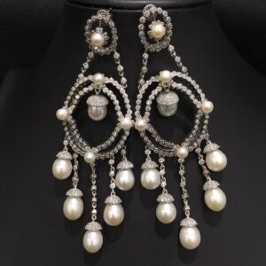 #144 Fashionable and high-end natural freshwater pearl 925 sterling silver exaggerated earrings, unique design, retro court style classic long pearl tassel earrings