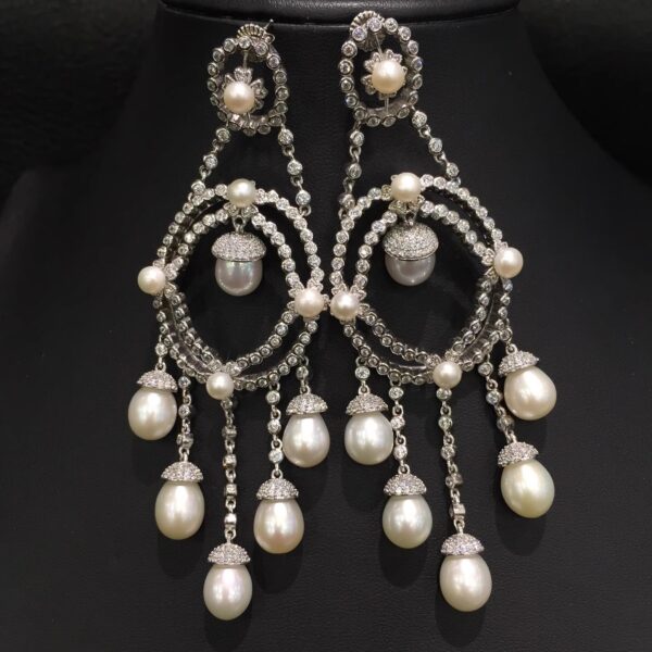 #144 Fashionable and high-end natural freshwater pearl 925 sterling silver exaggerated earrings, unique design, retro court style classic long pearl tassel earrings