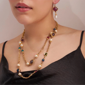 #123 Fashionable, simple and high-end necklace, retro and light luxury style necklace, multi-color glass personalized design necklace, pearl elegant necklace