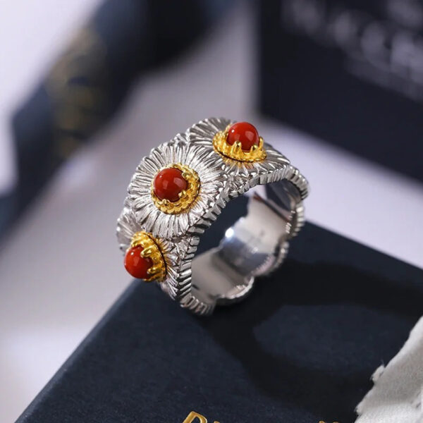 #269 Fashion and Sophistication 925 Silver Niche Design Orange-red Daisy shape ladies' ring - Image 7
