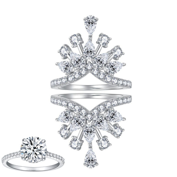 #157 S925 Silver Light Luxury, exquisite and high-end crown row ring, teardrop Moissanite, ladies' stacked ring