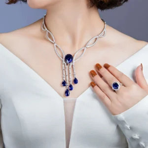 #428 S925 silver-gilded laboratory-cultivated sapphire ladies' dinner necklace