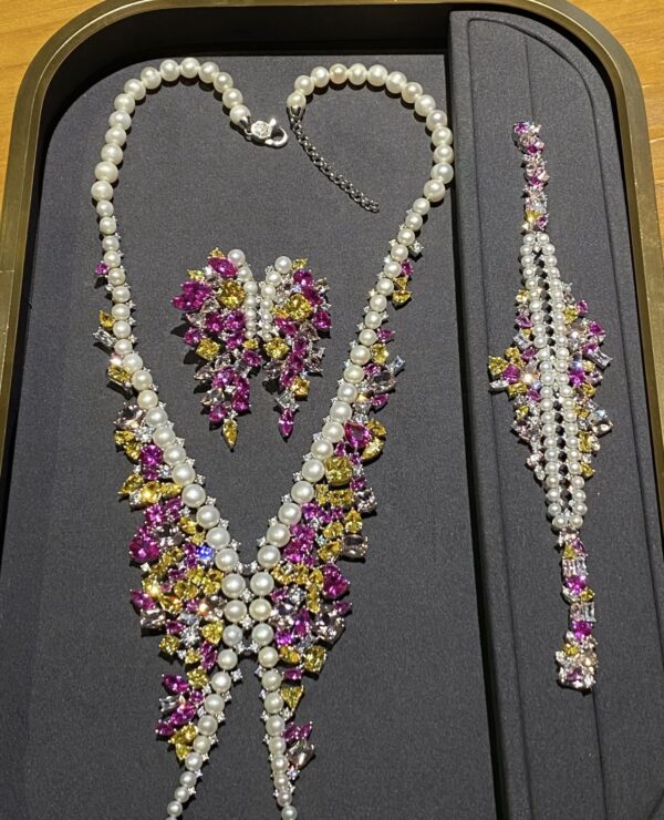 #102 925 Silver necklace and earrings with natural pearls and colored zircon - Image 2