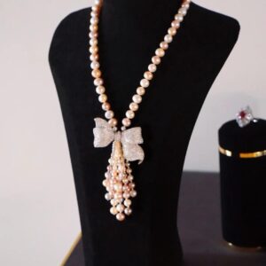 #119 8-9MM natural freshwater pearl sweater chain bow tassel 925 sterling silver set zircon long necklace