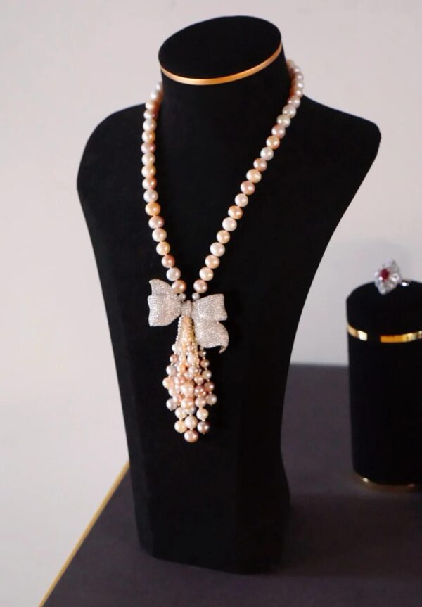 #119 8-9MM natural freshwater pearl sweater chain bow tassel 925 sterling silver set zircon long necklace