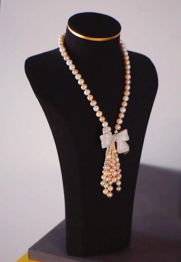 #119 8-9MM natural freshwater pearl sweater chain bow tassel 925 sterling silver set zircon long necklace - Image 2