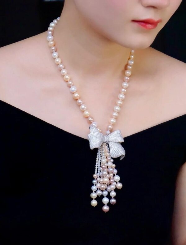 #119 8-9MM natural freshwater pearl sweater chain bow tassel 925 sterling silver set zircon long necklace - Image 5