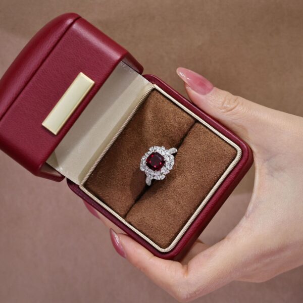 #136 S925 Silver Light Luxury Exquisite High-end 3-carat square cushion-shaped cultivated pigeon blood red gemstone ring - Image 9