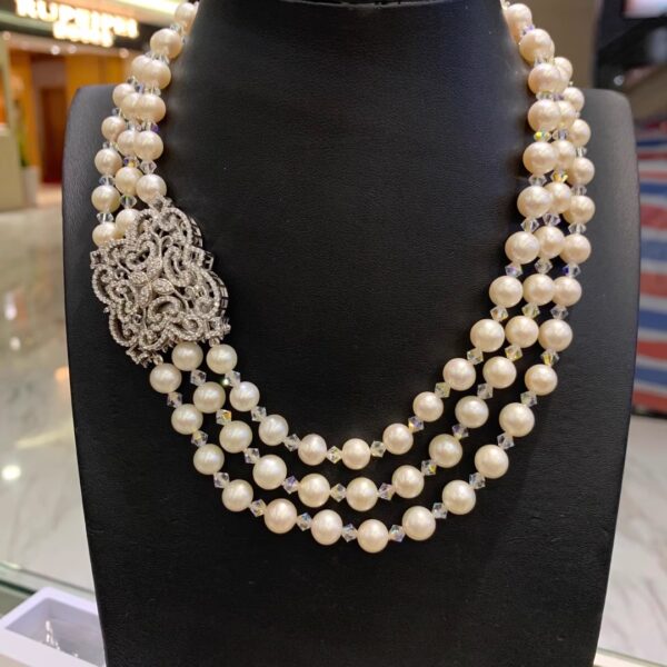 #108 Natural Freshwater Pearl Multi-Layer Necklace, pure silver set zircon pearl and crystal Necklace, retro necklace