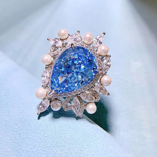 #287 S925 silver pear-shaped 11*15mm aquamarine high-carbon diamond-set pearl women's ring - Image 11