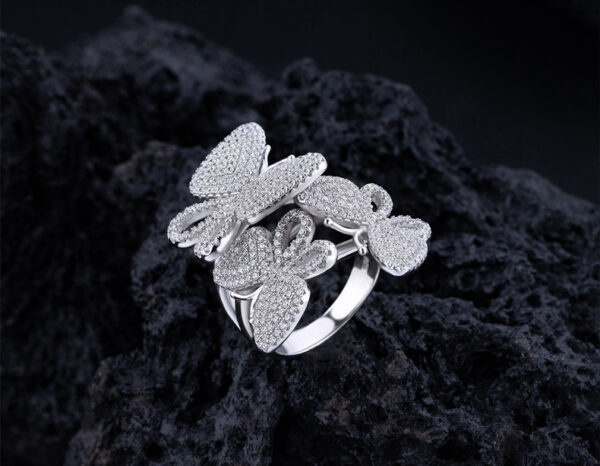#201 S925 Silver New Style Exaggerated and personalized Micro-set Full diamond butterfly Girls' Ring - Image 8