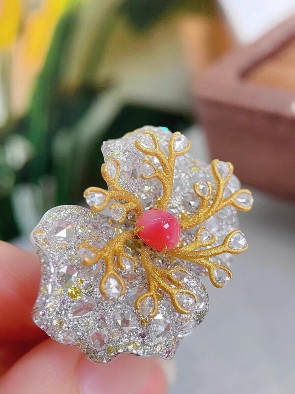 370#High end natural flamingo powder conch pearl hole bead ring with main stone of 0.96 carats, 18k gold with diamond, dys with jewelry certificate - Image 10