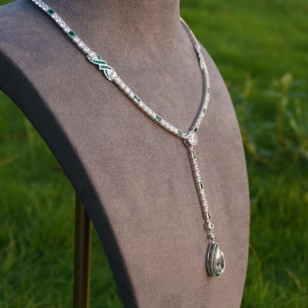 #194 925 Silver gold-plated necklace, high-carbon diamond pear-shaped water drop-cut wooden green Y-shaped chain for girls - Image 2