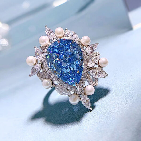 #287 S925 silver pear-shaped 11*15mm aquamarine high-carbon diamond-set pearl women's ring - Image 2