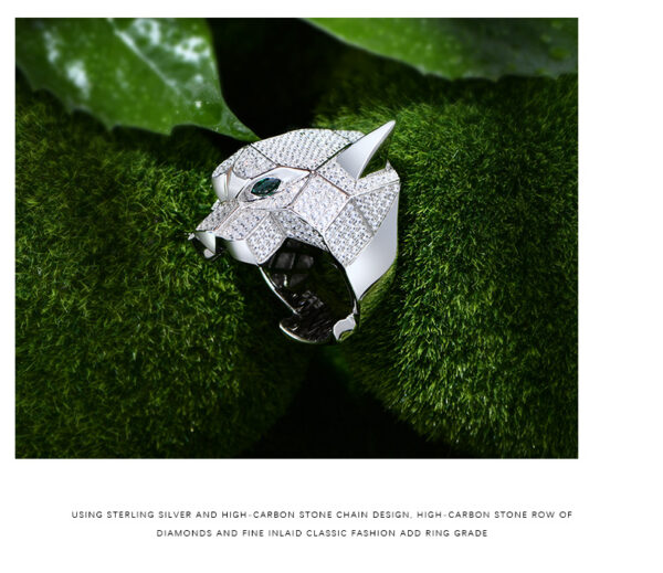 #205 S925 Silver micro-set zircon leopard head ring, a highly exaggerated and distinctive high-carbon diamond ring - Image 2