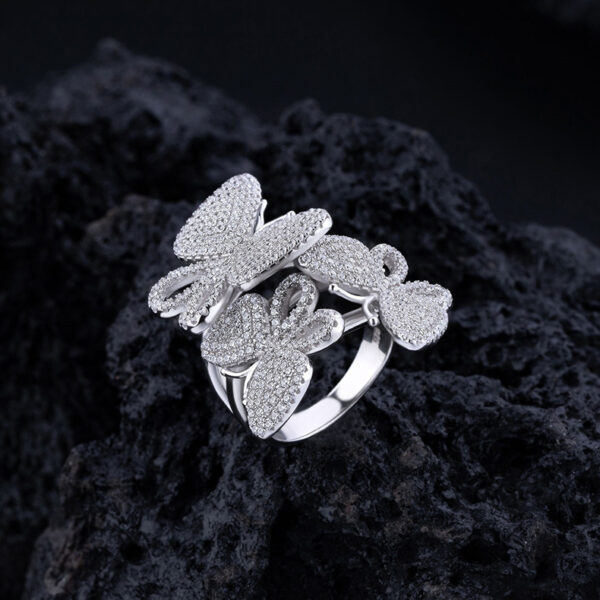 #201 S925 Silver New Style Exaggerated and personalized Micro-set Full diamond butterfly Girls' Ring - Image 3