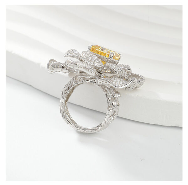#167 Stylish and high-end floral design, square chamfered 10*10mm yellow ice flower cut high-carbon diamond ring - Image 7