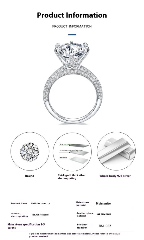 #141 S925 Silver Light Luxury Exquisite High-end 5-carat Moissanite round women's ring - Image 2
