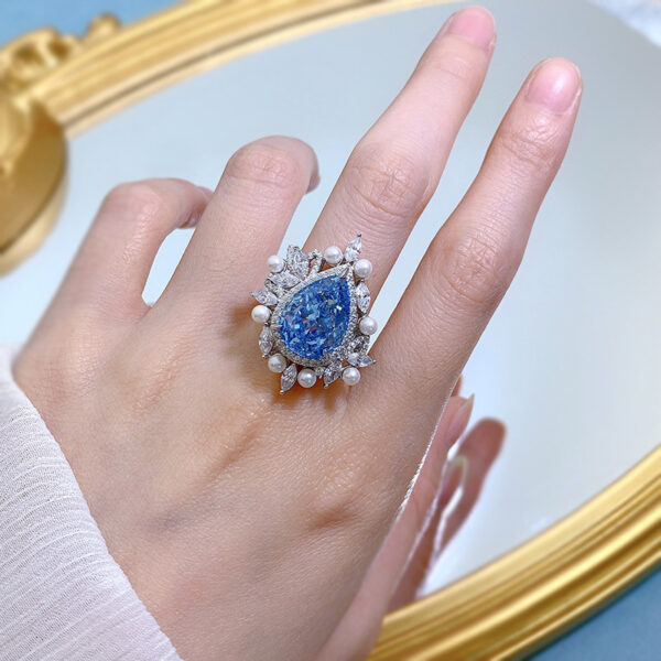 #287 S925 silver pear-shaped 11*15mm aquamarine high-carbon diamond-set pearl women's ring - Image 5