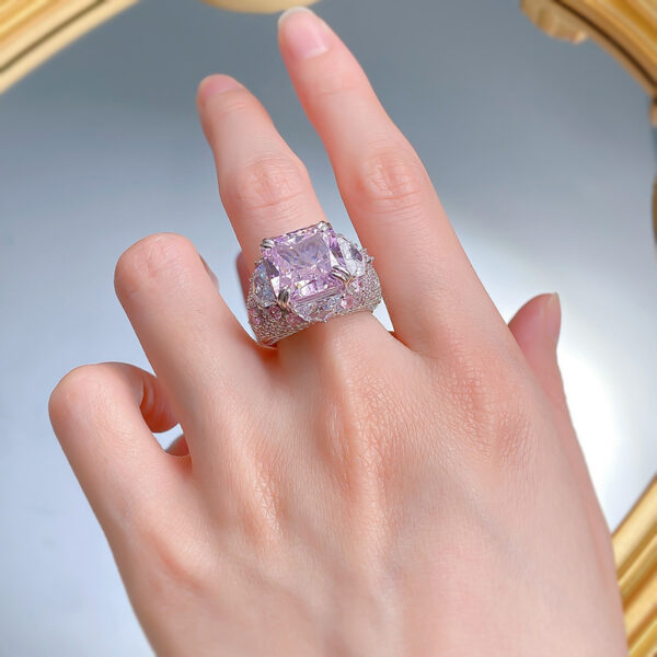 #85 S925 silver pear-shaped 12*12mm aquamarine high-carbon diamond powder diamond women's ring - Image 5
