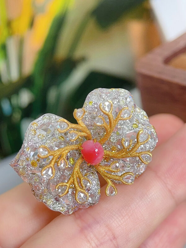 370#High end natural flamingo powder conch pearl hole bead ring with main stone of 0.96 carats, 18k gold with diamond, dys with jewelry certificate - Image 4