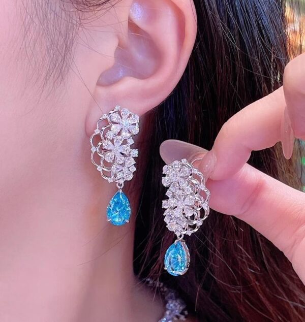 #380 S925 silver-gilded lace trim design Evening Style Artificial Aquamarine Drop Necklace and Earrings - Image 4