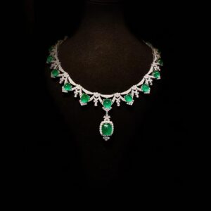 #213 Natural Emerald Evening Dress Necklace, main stone 63.31-carat 18k gold set with diamonds and certificate