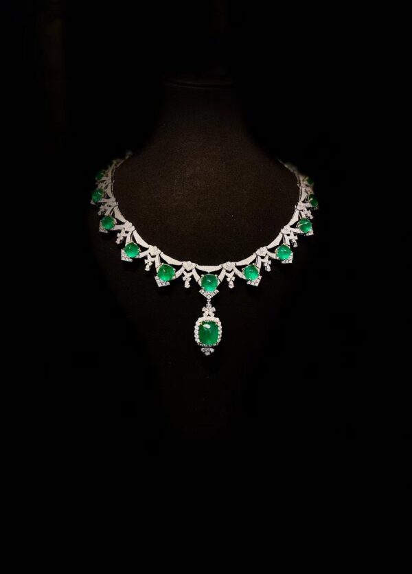 #213 Natural Emerald Evening Dress Necklace, main stone 63.31-carat 18k gold set with diamonds and certificate