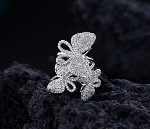 #201 S925 Silver New Style Exaggerated and personalized Micro-set Full diamond butterfly Girls' Ring - Image 4