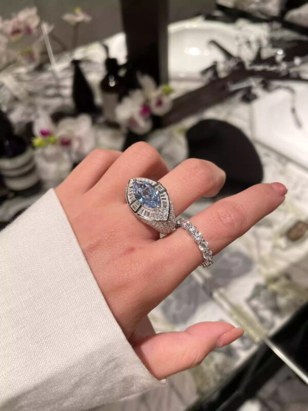 #288 S925 silver 4ct fashionable niche designer style marquise-shaped blue diamond women's ring - Image 3