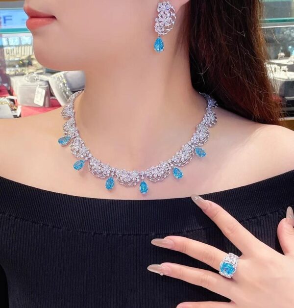 #380 S925 silver-gilded lace trim design Evening Style Artificial Aquamarine Drop Necklace and Earrings - Image 2