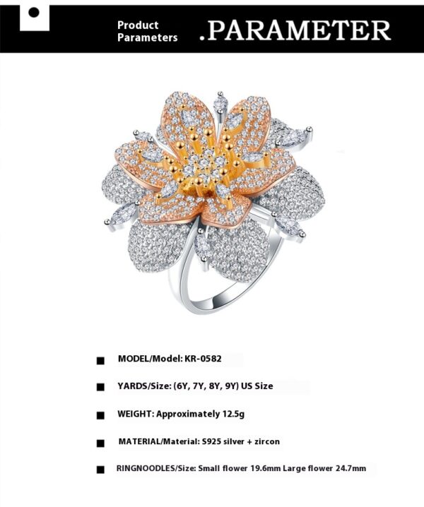 #202 S925 Silver micro-set Zircon large Flower ring, a new exaggerated and personalized girls' ring - Image 2