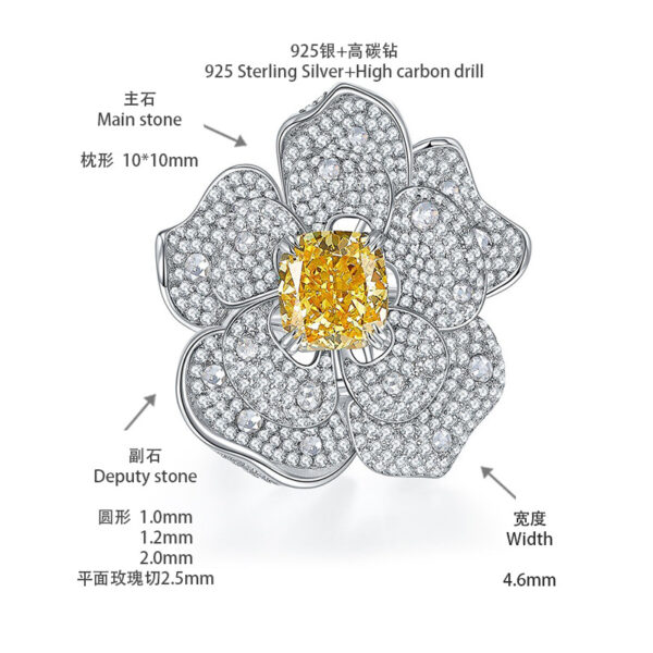 #167 Stylish and high-end floral design, square chamfered 10*10mm yellow ice flower cut high-carbon diamond ring - Image 4