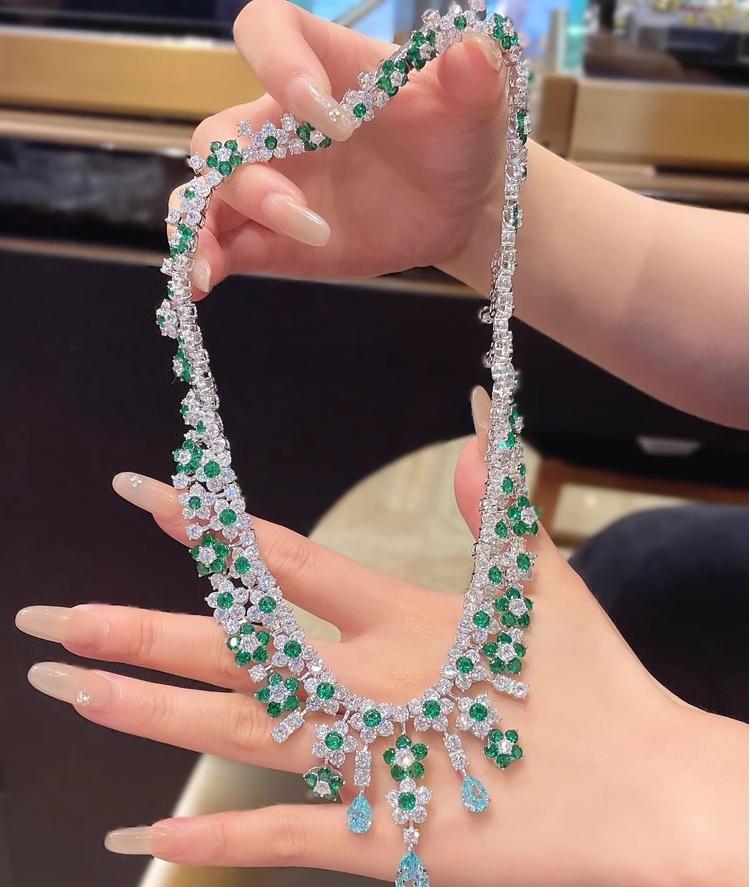 #207 S925 silver-gold Bohemian-style luxury necklace and earrings set. Handcrafted with high-carat diamonds and aquamarine gemstones for a drop-shaped necklace. - Image 3