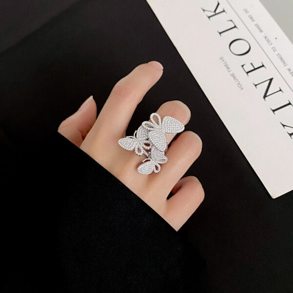 #201 S925 Silver New Style Exaggerated and personalized Micro-set Full diamond butterfly Girls' Ring - Image 5