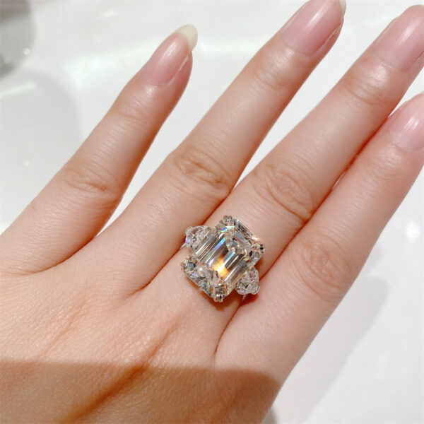 50# 12-carat large diamond ring S925 silver rectangular pagoda cut ladies' evening ring - Image 5