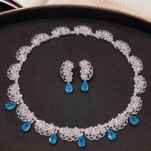 #380 S925 silver-gilded lace trim design Evening Style Artificial Aquamarine Drop Necklace and Earrings