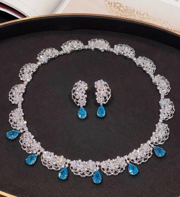 #380 S925 silver-gilded lace trim design Evening Style Artificial Aquamarine Drop Necklace and Earrings