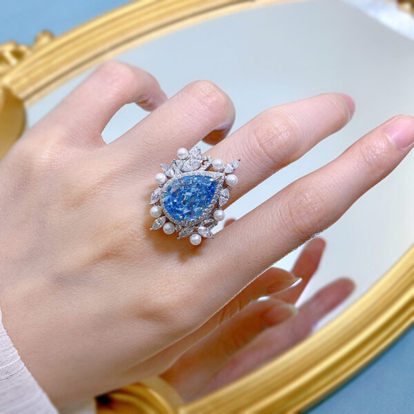 #287 S925 silver pear-shaped 11*15mm aquamarine high-carbon diamond-set pearl women's ring - Image 7