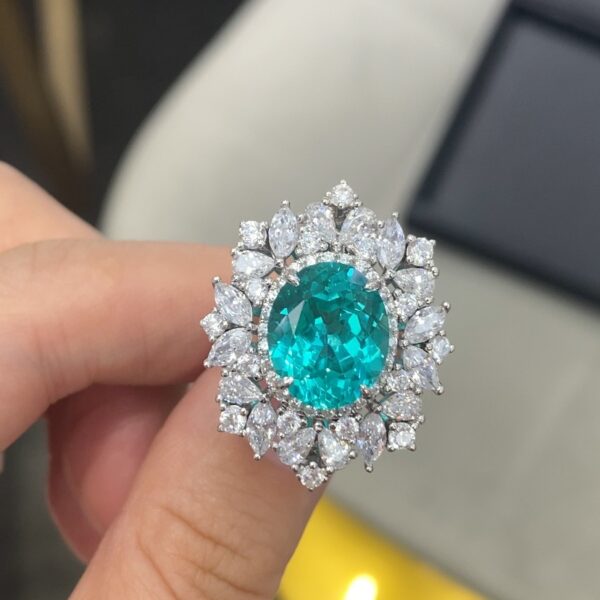 #150 S925 Silver Light Luxury Exquisite High-end Cultivated Paraiba Oval 6-carat ring - Image 3