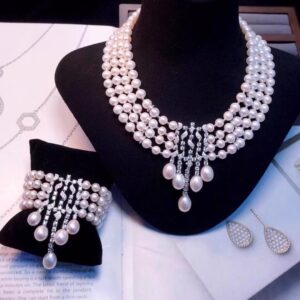 #95 925 Silver inlaid Zircon Natural freshwater Pearl Necklace and Bracelet set