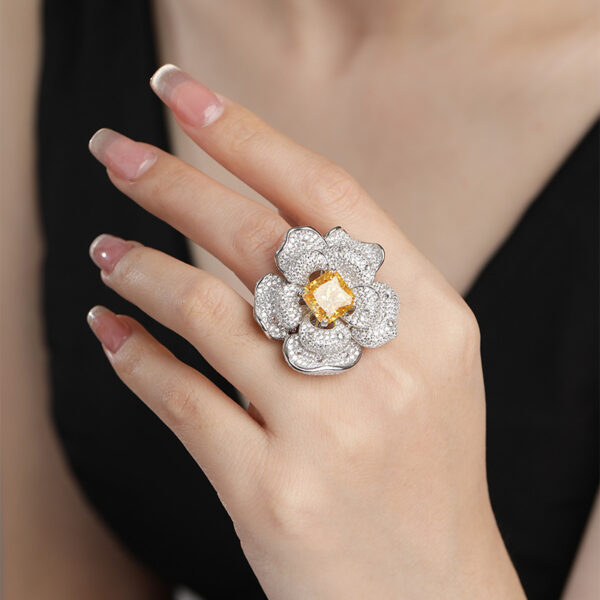 #167 Stylish and high-end floral design, square chamfered 10*10mm yellow ice flower cut high-carbon diamond ring - Image 10