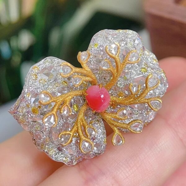 370#High end natural flamingo powder conch pearl hole bead ring with main stone of 0.96 carats, 18k gold with diamond, dys with jewelry certificate - Image 6