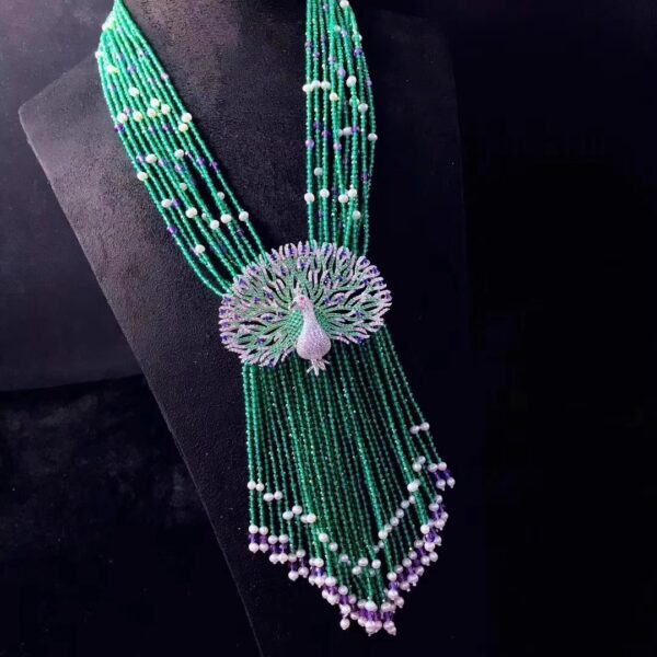 #96 925 Silver inlaid zircon natural pearl agate necklace Peacock Tassel Pendant Necklace - Image 4