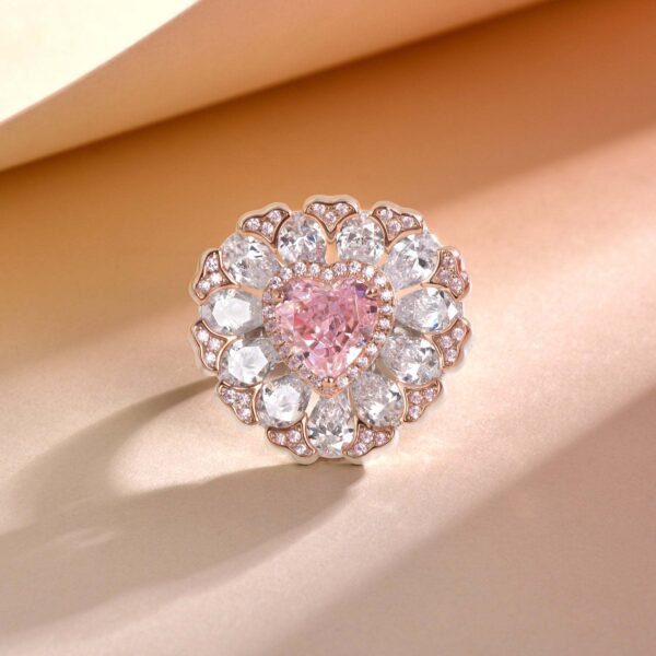 #279 New S925 Silver Sakura Pink Heart-shaped Zirconia Ring - Image 3