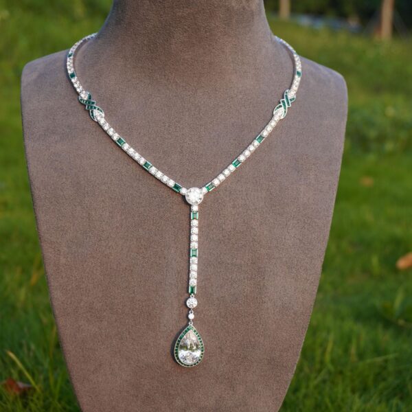 #194 925 Silver gold-plated necklace, high-carbon diamond pear-shaped water drop-cut wooden green Y-shaped chain for girls - Image 7
